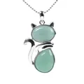 Cute silver cat pendant necklace with light green gemstone and delicate bead chain - Green Aventurine
