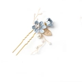 U-shaped hair pin with blue fabric flower, gold leaf details, and sparkling white pearls - 2-Flower Hairpin / Blue
