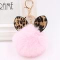 Macro detail of pink faux fur keychain with leopard print ears and gold metal clip - Gold Key Chain Style / Light Pink