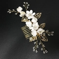 Pink and blue bridal hair comb set with ceramic flowers and pearls on golden metal - Large Hair Comb / White Gold