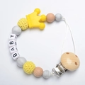 Baby pacifier clip with yellow and gray silicone beads and wooden BABY letter blocks - Yellow