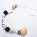 Silicone and wood pacifier clip with BABY letter beads and white crown charm - Black