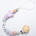 Baby pacifier clip with purple crown, wood beads, and white BABY letter beads - Purple