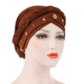 Brown twist knot turban cap with braided detail and golden decorative beads for women - Coffee