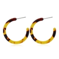 Detailed close-up of tortoise shell resin C-shape hoop earrings with metallic posts - Small Brown (Tortoiseshell)