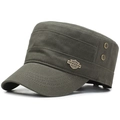 Klassieke platte militaire pet in donker olijfgroen canvas met vintage metalen plaatje - Legergroen
