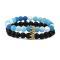 Blue weathered stone and matte black beaded bracelet set with golden crown charm - Matte Stone Set Gold