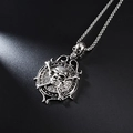 Silver skull and crossbones pendant necklace with rune carvings on a box chain - Runic Skull Round Tag Style (A040)