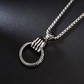 Men's silver skull hand pendant necklace with textured ring on stainless steel box chain - Skull Hand Holding Ring Style (A044)