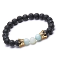 Bracciale in pietra lavica con perle blu e dettagli corona in zirconi dorati - Stile Pietra Vulcanica Amazonite