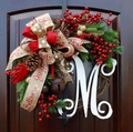 60cm Christmas upside down tree wreath with red berries, pine cones and Jingle Bells bow - 30cm American M-Wreath