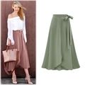 Women's high waist wrap midi skirt with tie closure in sage green and mauve pink - S / Army Green