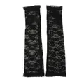 Elegant black lace sun protection arm sleeves with floral pattern and ruffled edges - Black