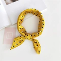 Yellow silk-like scarf with black and white geometric pattern tied in a knot - 6 Small Square Yellow