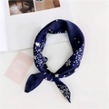 Navy blue satin scarf with white stars and polka dots, tied in a circle on white background - 36 Starry Sky