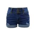 Pantaloncini di jeans a vita alta blu scuro con tre bottoni e orlo con risvolto - S / Blu scuro