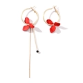 Asymmetric floral petal hoop earrings with long tassels and gold metal accents - Red