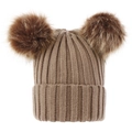 Close-up of double faux fur pom-poms on a light brown knitted winter hat for babies - S / Khaki
