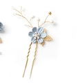 Blue fabric flower U-shaped hair pin with rhinestones, pearls and golden leaves - 1-Flower Hairpin / Blue