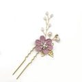 Pink fabric floral bridal hair pin with rhinestones, golden leaves and pearls decoration - 1-Flower Hairpin / Purple
