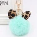 Detailed view of mint green plush keychain with leopard print ears and gold metal clasp - Gold Key Chain Style / Mint Green