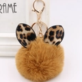 Close-up of leopard print ears on a fluffy brown plush keychain with gold metal clasp - Gold Key Chain Style / Coffee