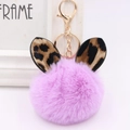 Close-up of purple faux fur pompom keychain featuring leopard print ears and gold clasp - Gold Key Chain Style / Taro Purple