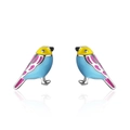 Orecchini a perno a forma di uccellino colorato con smalto giallo, blu, rosa e argento - Rame placcato oro bianco