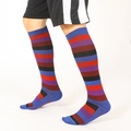 Knee-high athletic socks featuring blue red purple and black stripes on knit fabric - Sapphire Blue