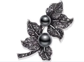 Detail of vintage gun black leaf brooch with marcasite accents and dark grey pearls - Leaf Branch - Dark Grey Pearl Marcasite