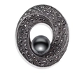 Detailed view of gunmetal bow brooch featuring dark crystals and a large black pearl - Swirl Design - Dark Pearl Marcasite