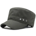 Army green cotton cadet cap with three silver star studs and double stitching detail - Adjustable / Army Green