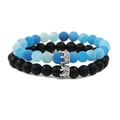 Blue weathered stone and matte black beaded crown bracelet set for couples - Matte Stone Set White K