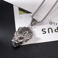 Men's silver wolf head pendant necklace with red eye accents and square link chain - Red Diamond Wolf Head Style (A054)