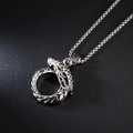 Men's hip hop silver dragon pendant necklace with vintage metallic finish on black background - Retro Embossed Dragon Style (A049)