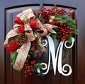 Rustic Christmas wreath with red berries, pine cones, and a large white wooden letter M - 30cm American Style Letter M Wreath / 30cm
