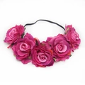 Detail of five rose pink faux silk flowers attached to a black elastic headband floral crown - Mixed Rose Pink