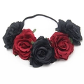 Artificial flower headband with black and dark red fabric roses on a black elastic band - Red + Black