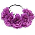 Close-up of realistic purple fabric roses on a black elastic bridal party headband - Light Purple