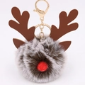 Detail of plush Christmas reindeer keychain with faux fur pompom and leather antlers - Two-tone Grey