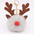 Detail of grey fluffy Christmas reindeer pom pom keychain with brown antlers and gold ring - Light Gray