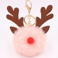 Detail of pink faux fur ball keychain with brown elk antlers and gold metal clasp - Pink