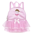 Detail of pink satin ballet backpack with embroidery, ribbon bow, and layered mesh tutu - Pink Girl Backpack-Mesh Tutu