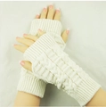 Creamy white cable knit fingerless gloves with extended arm warmers for women - One Size / White