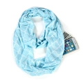 Blue infinity scarf with white geometric pattern featuring hidden zipper pocket for phone - Clover Pattern Light Blue