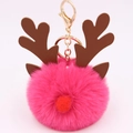 Detail of rose red plush reindeer keychain with brown antlers and golden metal clasp - Rose Red