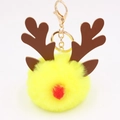 Detailed view of yellow plush reindeer keychain with golden metal ring and brown antlers - Yellow
