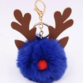 Detail of royal blue pompom reindeer keychain with brown antlers and gold metal clasp - Sapphire Blue