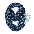 Navy blue infinity scarf with white geometric patterns and functional hidden zipper pocket - Clover Pattern Navy Blue
