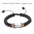 Bracciale in pietra lavica con corona in rame e cordino intrecciato regolabile da coppia - Pietra Lavica con Corona in Rame / Pietra Lavica Premium